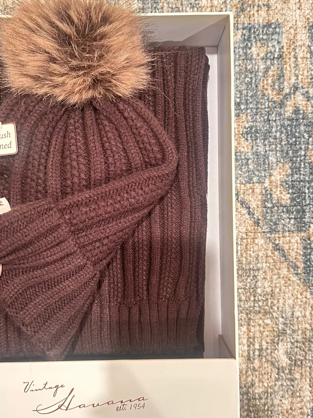 Vintage Havana Brown Ribbed Knit Beanie and Scarf Set